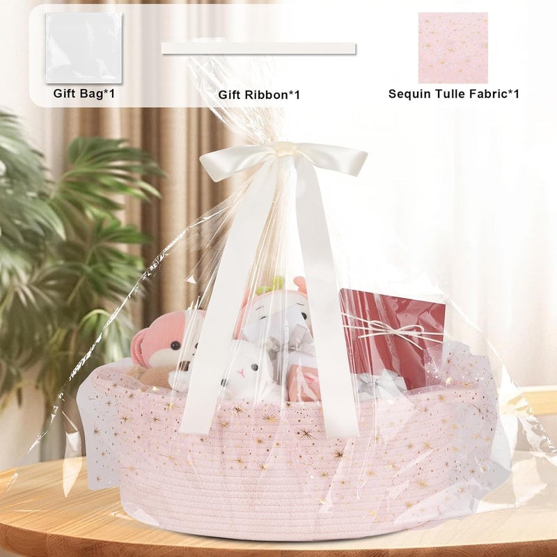 OIAHOMY Large Gift Basket Empty 17" x 12.6" x 7", Storage Basket with Gift Bag, Ribbon and Glitter Tulle for DIY Anytime, Toy Storage for Kids, Dogs with Handles in A Stylish Design - Pink - Image 3